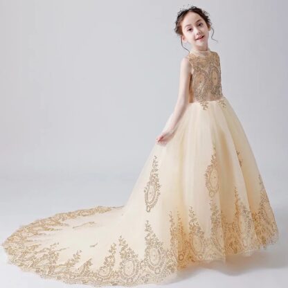 Купить Gold Ball Gown Flower Girls Dresses Long Sweep Train Illusion Bodice Applique Birthday Party Pageant Gowns with Bow Customized