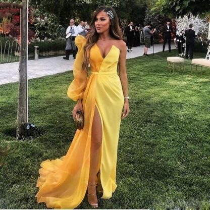 Купить Yellow Dubai Formal Party Dress Women Long Sleeve Evening Gowns Elegant Slit Chiffon Muslim