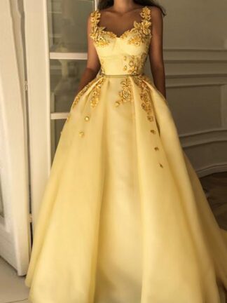 Купить Yellow Muslim Formal Dress Sweetheart Flower Straps Islamic Dubai Saudi Arabic Long Elegant Evening Gown Prom Dresses