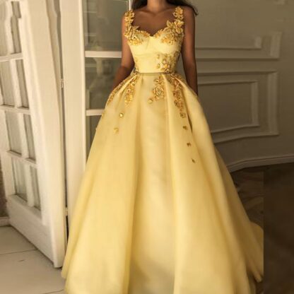 Купить Yellow Muslim Formal Dress Sweetheart Flower Straps Islamic Dubai Saudi Arabic Long Elegant Evening Gown Prom Dresses