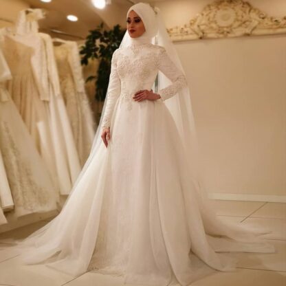 Купить Vestido Gowns Wedding Dresses De Noiva Elegant Long Sleeve O Neck Muslim Tulle Zipper Back Lace Islamic