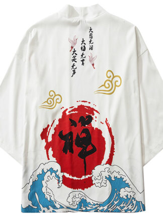Купить Januarysnow Japanese Kimono Jacket Kanji Chinese Zen Buddhist Harajuku 2020 Hip Hop Men Japan Streetwear Jacket Summer Clothing Loose Kimono