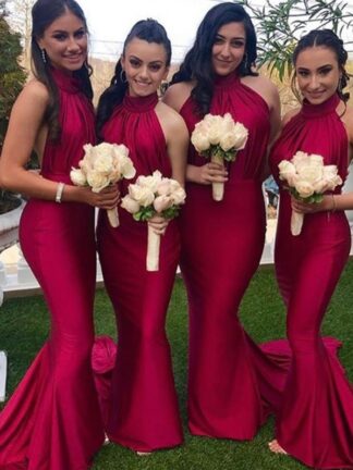 Купить 2020 Sexy Bridesmaid Dresses For Weddings Country Garden Style Sheath Halter Neck Open Back Pleats Long Wedding Guest Evening Prom Gowns