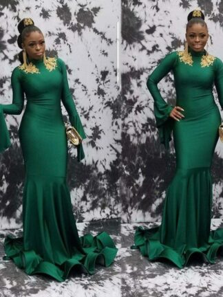 Купить 2020 Green African Long Evening Gowns Mermaid Elastic Satin With Gold Lace Prom Dress Lace Appliques White Party Gowns
