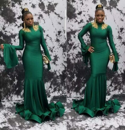 Купить 2020 Green African Long Evening Gowns Mermaid Elastic Satin With Gold Lace Prom Dress Lace Appliques White Party Gowns