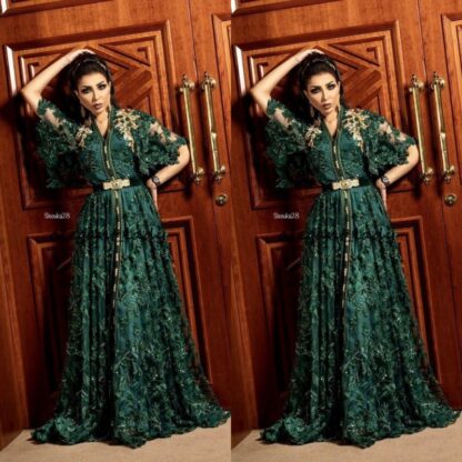 Купить 2020 Dubai Arabic Dark Green Formal Evening Dresses with Long Sleeve Muslim Kaftan Abaya 3D Floral Lace Occasion Prom Gown