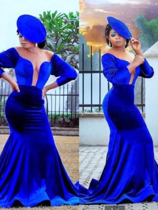 Купить 2020 Gorgeous Royal Blue Mermaid Prom Dresses African Keyhole Neck Long Sleeves Evening Party Gowns Vestidos