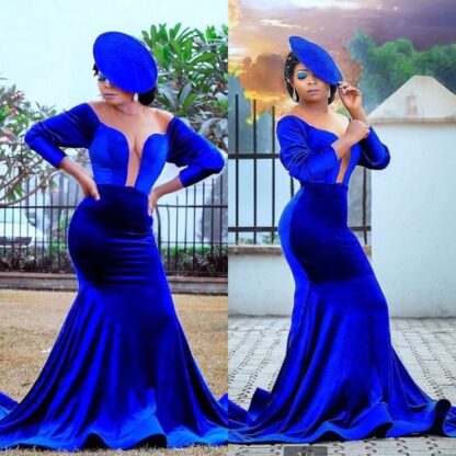 Купить 2020 Gorgeous Royal Blue Mermaid Prom Dresses African Keyhole Neck Long Sleeves Evening Party Gowns Vestidos
