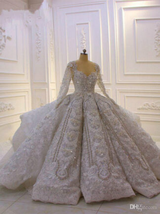 Купить 2020 Super Luxurious Dubai Style Ball Gown Wedding Dresses Vintage Off Shoulder Long Sleeve Sparkle Sequins Crystals Beads Bridal Gown