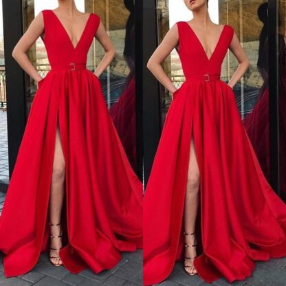Купить Red Muslim 2020 Prom Dresses Cheap A-line V-neck Cap Sleeves Slit Sexy Evening Dresses Dubai Saudi Arabic Long Elegant Bridesmaid Gown