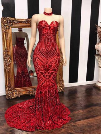 Купить Modern Long Red Mermaid Prom Dresses 2020 Sweetheart African Women Black Girl Sequin Evening Dress Custom Made