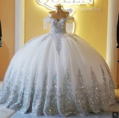 Купить 2020 Silver Sparkly Ball Gown Wedding Dresses Off Shoulder Lace Tulle Applique Brides Gown Long Robe de Mariage