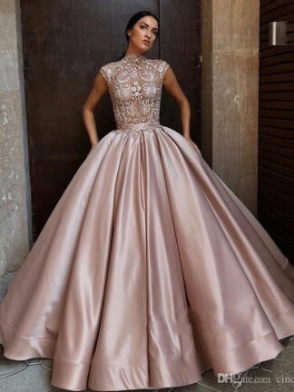Купить Dusty Rose Quinceanera Dresses 2020 Ball Gowns High Neck Appliques Lace Sweet 16 Dress Plus Size Formal Evening Gowns BC1196