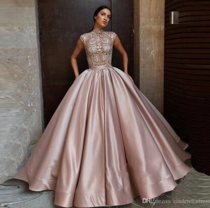 Купить Dusty Rose Quinceanera Dresses 2020 Ball Gowns High Neck Appliques Lace Sweet 16 Dress Plus Size Formal Evening Gowns BC1196