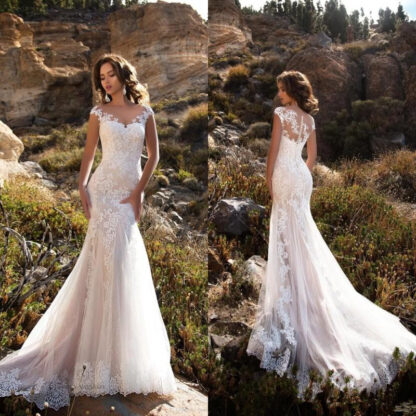 Купить Sleeveless dress Sheer Neck Appliqued Lace Wedding Dresses Mermaid/Trumpet Train Illusion bridal gown White
