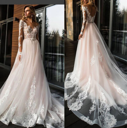 Купить Elegant Lace Wedding Dress Vestidos de novia Simple A Line Bridal V-Neck Sexy Romantic Long Sleeve Gowns