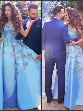 Купить Blue Lace Applique A line Prom Dress Long Half Sleeves Satin Evening Party Gown Sweep Train Formal Pageant Dresses