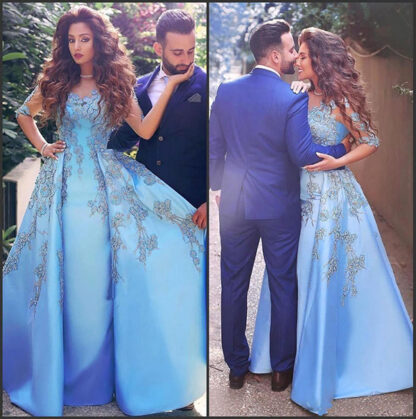 Купить Blue Lace Applique A line Prom Dress Long Half Sleeves Satin Evening Party Gown Sweep Train Formal Pageant Dresses