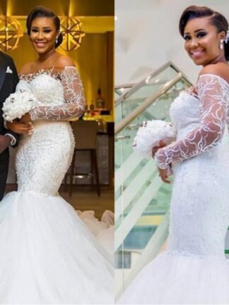 Купить 2019 New African Mermaid Wedding Dress Luxury Lace Off the Shoulder Beaded Tulle Sweep Train Wedding Gown Sexy Covered Button Bridal Dresses