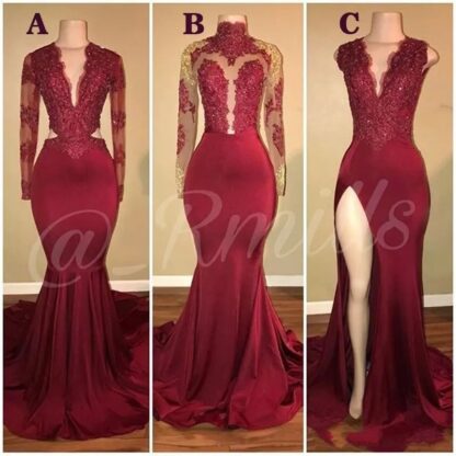 Купить Prom Dresses 2020 Deep V Neck Mermaid Dark Red Split Party Dress Lace Appliques Crystal Beads Long Sleeves Plus Size Custom Evening Gowns