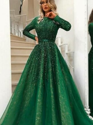 Купить 2019 Sexy Arabic Dark Green Long Sleeves Lace A Line Evening Dresses Beaded Stones Top Tulle Floor Length Prom Party Dress Plus Size BC0170