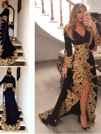 Купить Black Lace Appliques Muslim Evening Dresses With Long Sleeves 2019 Gold Embrodiery Formal Celebrity Gowns High Split Saudi Arabic Prom Dress