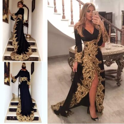 Купить Black Lace Appliques Muslim Evening Dresses With Long Sleeves 2019 Gold Embrodiery Formal Celebrity Gowns High Split Saudi Arabic Prom Dress