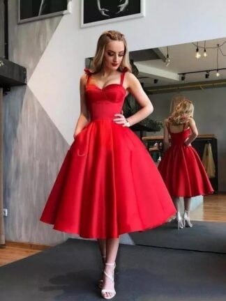 Купить New Tea Length Dark Red Cocktail Dresses 2019 Straps Satin Prom Party Dress Sexy Backless Midi Evening Gowns