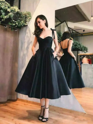 Купить Little Black Prom Dresses Spaghetti Straps A Line 2019 Short Cocktail Dress Tea Length Black Evening Gowns Formal Party Dresses