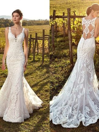 Купить 2022 Vintage Ivory Straps Deep V Neck Lace Mermaid Wedding Dresses Full Lace Tulle Summer Beach Wedding Bridal Gowns Illusion Back BC1107
