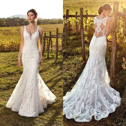 Купить 2022 Vintage Ivory Straps Deep V Neck Lace Mermaid Wedding Dresses Full Lace Tulle Summer Beach Wedding Bridal Gowns Illusion Back BC1107