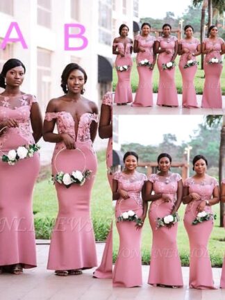 Купить South African Nigerian Girls Pink Mermaid Bridesmaids Dresses 2019 Plus Size Sheer Neck Appliques Floor Length Maid of Honor Gowns BM0614