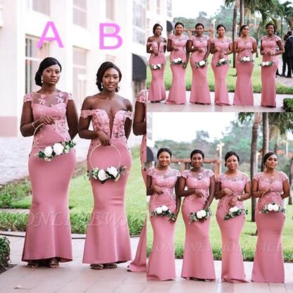 Купить South African Nigerian Girls Pink Mermaid Bridesmaids Dresses 2019 Plus Size Sheer Neck Appliques Floor Length Maid of Honor Gowns BM0614