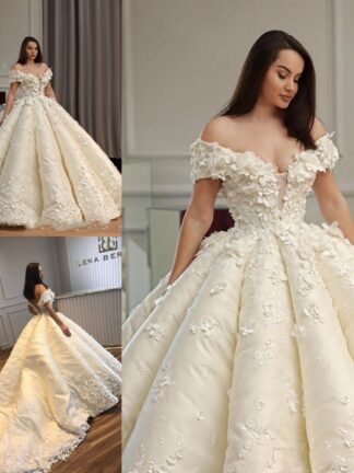 Купить 2020 Glitz 3D-Floral Appliques Flower Ball Gown Wedding Dresses Off-the-Shoulder Ruffle Sheer Neck Lace-Up Bridal Gown BC1090