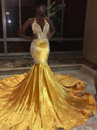 Купить 2022 Elegant Yellow Velvet Long Mermaid Prom Dresses For Black Girl Halter Lace Appliques Evening Gowns Backless Sweep Train Prom Wear BC0829