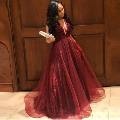 Купить 2019 Burgundy African Sexy V Neck A Line Prom Dresses Sleeveless Plunging Exquisite Beads Organza Floor Length Formal Evening Party Gowns
