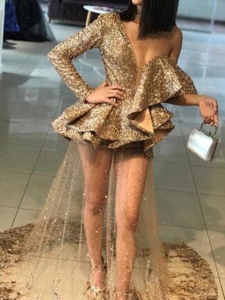 Купить Glitz Bling Sequins Gold Appliques Prom Dresses 2019 Ruffles Elegant One Shoulder Women Occasion Prom Evening Gowns See-through BA9830