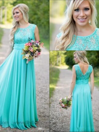 Купить 2020 New Teal Country Bridesmaid Dresses Scoop A Line Chiffon Lace V Backless Long Cheap Bridesmaids Dresses for Wedding BA1513