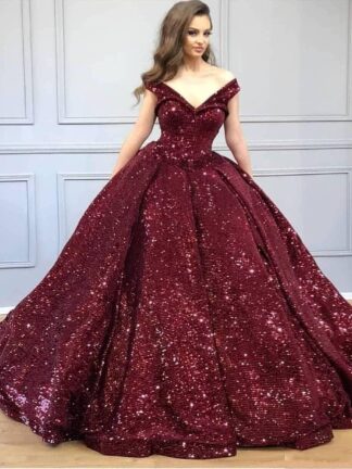 Купить 2020 Sparkly Burgundy Sequined Off Shoulder Quinceanera Dresses V Neck Sequins Ball Gown Evening Party Dress
