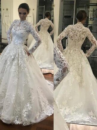 Купить 2019 Glamorous Long Sleeve 3D Flowers Lace Wedding Dresses High Neck Full Appliqued Covered Buttons Plus Size Bridal Wedding Gowns BC1902