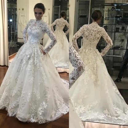 Купить 2019 Glamorous Long Sleeve 3D Flowers Lace Wedding Dresses High Neck Full Appliqued Covered Buttons Plus Size Bridal Wedding Gowns BC1902
