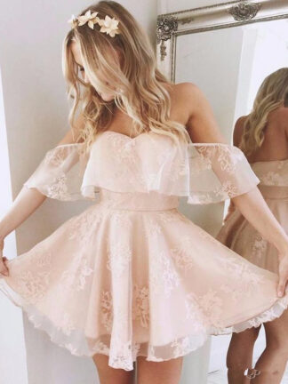 Купить short ruffle lace homecoming pearl pink off the shoulder party dress cocktail