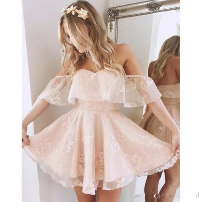 Купить short ruffle lace homecoming pearl pink off the shoulder party dress cocktail