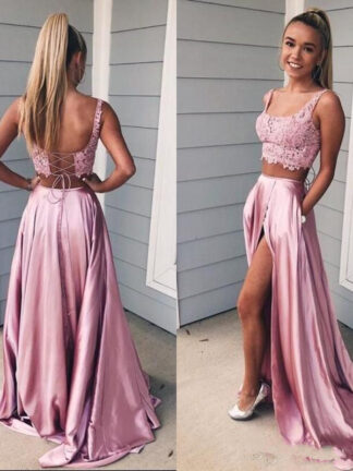 Купить Pink Two Pieces Prom Dresses Scoop Neck Sleeveless Open Back Corset Lace Crop Top Sexy High Split Long Evening Party Gowns Sweep Train