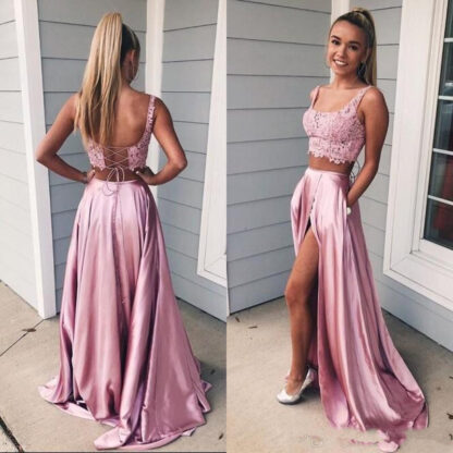 Купить Pink Two Pieces Prom Dresses Scoop Neck Sleeveless Open Back Corset Lace Crop Top Sexy High Split Long Evening Party Gowns Sweep Train