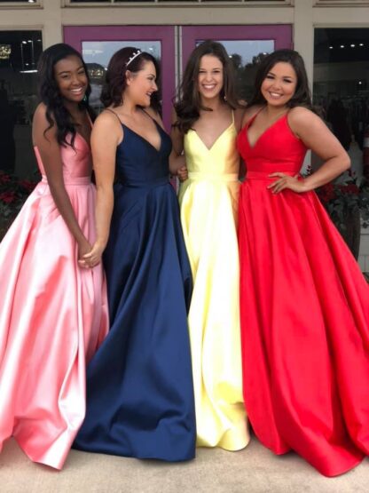 Купить Long Prom Bridesmaid Dresses A Line with Pockets Pink Blue Yellow Red Satin vestidos de festa Designer Lace Up Back gala Dress