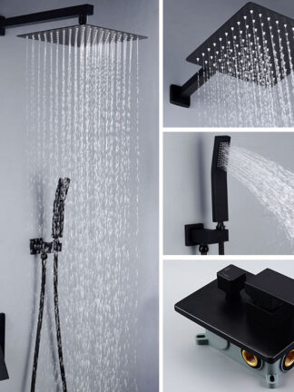 Купить Matt Black Bathroom Square Bath Shower Set Wall Mounted/ceiling rain shower set Quality Brass Mixer Faucet Rain Shower Head
