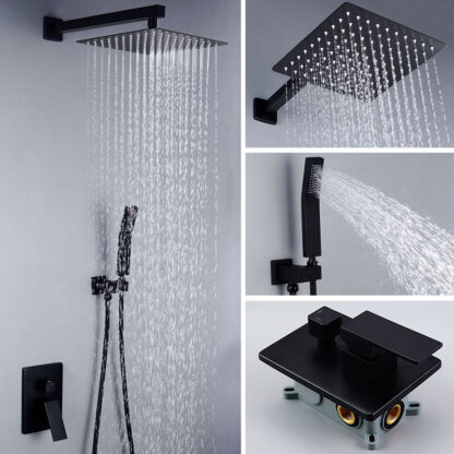 Купить Matt Black Bathroom Square Bath Shower Set Wall Mounted/ceiling rain shower set Quality Brass Mixer Faucet Rain Shower Head