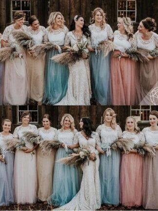 Купить Country Lace Top Two Pieces Bridesmaid Dresses 2020 Cap Sleeves A Line Soft Tulle Plus Size Beach Maid Of Honor Evening Gowns