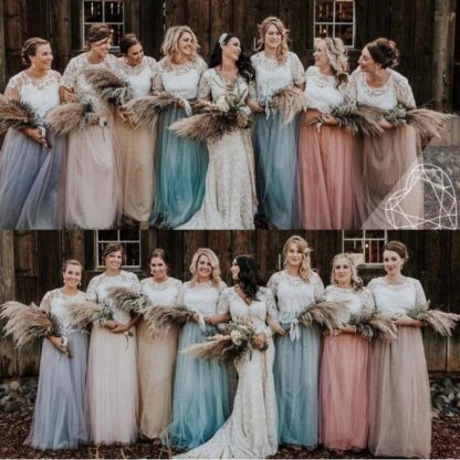 Купить Country Lace Top Two Pieces Bridesmaid Dresses 2020 Cap Sleeves A Line Soft Tulle Plus Size Beach Maid Of Honor Evening Gowns